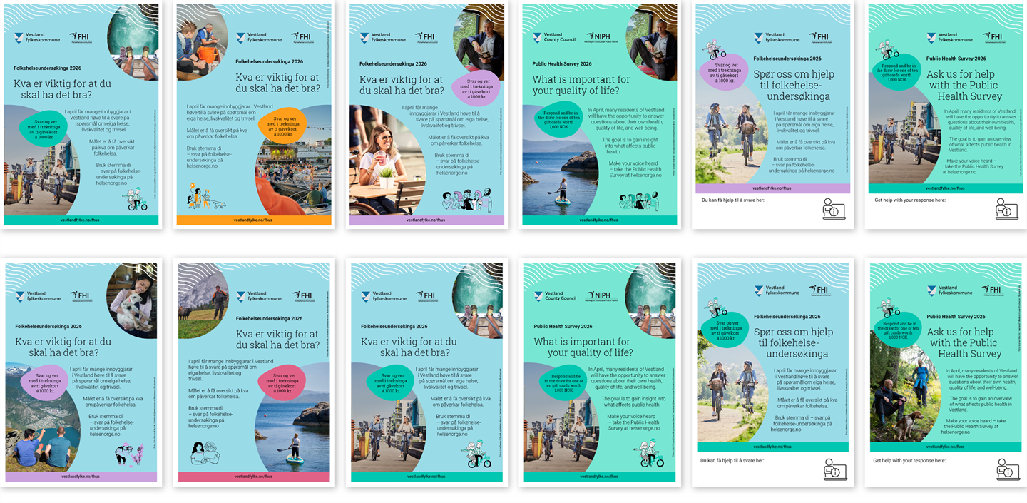 Samanstilling av dei ulike plakatane i A3 og A4.