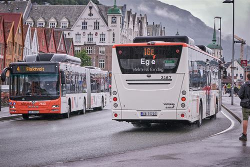 To bussar på Bryggen i Bergen.