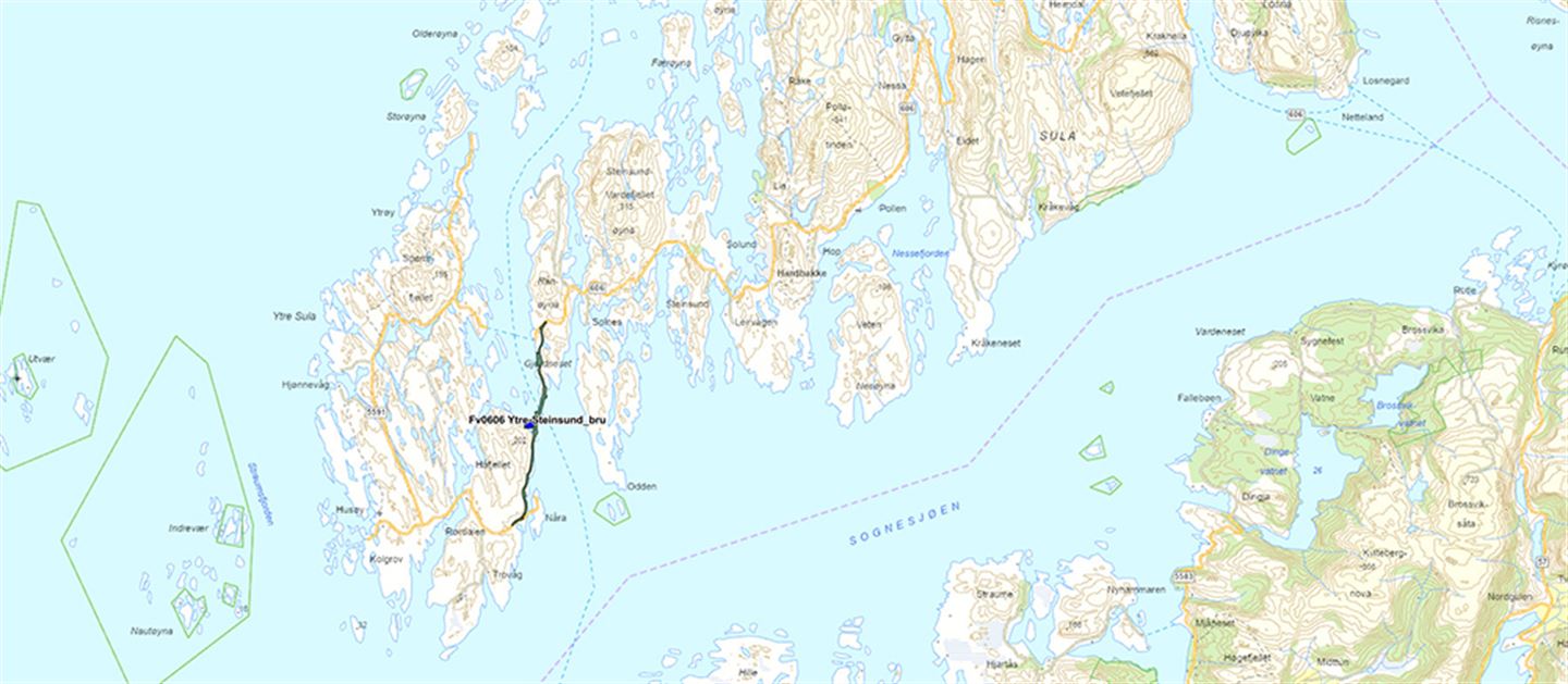 Kart som syner kvar Ytre Steinsund bru i Solund kjem.