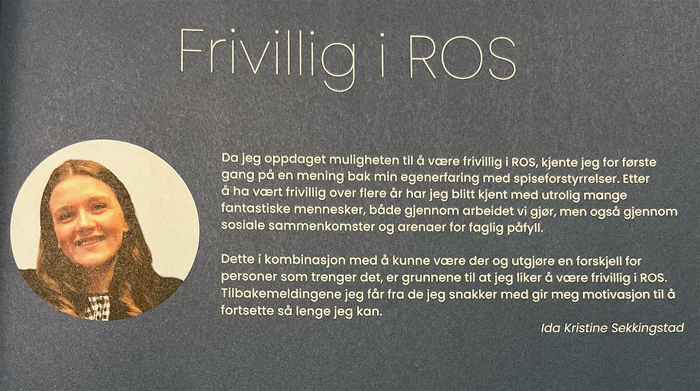 Portrettbilde og sitat frå ho der ho seier korleis det er å jobbe som frivillig i ROS-senteret.