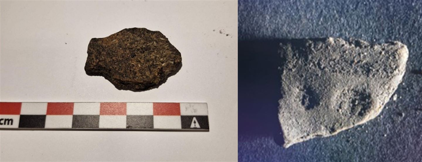 Keramikk funne under arkeologisk registrering på Leikanger i 2025.