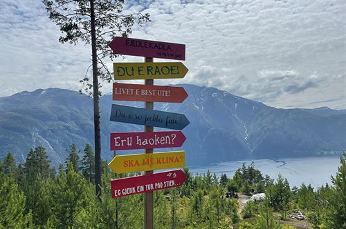 Fargerikt skilt ute i naturen. Fjell og fjord i bakgrunnen.