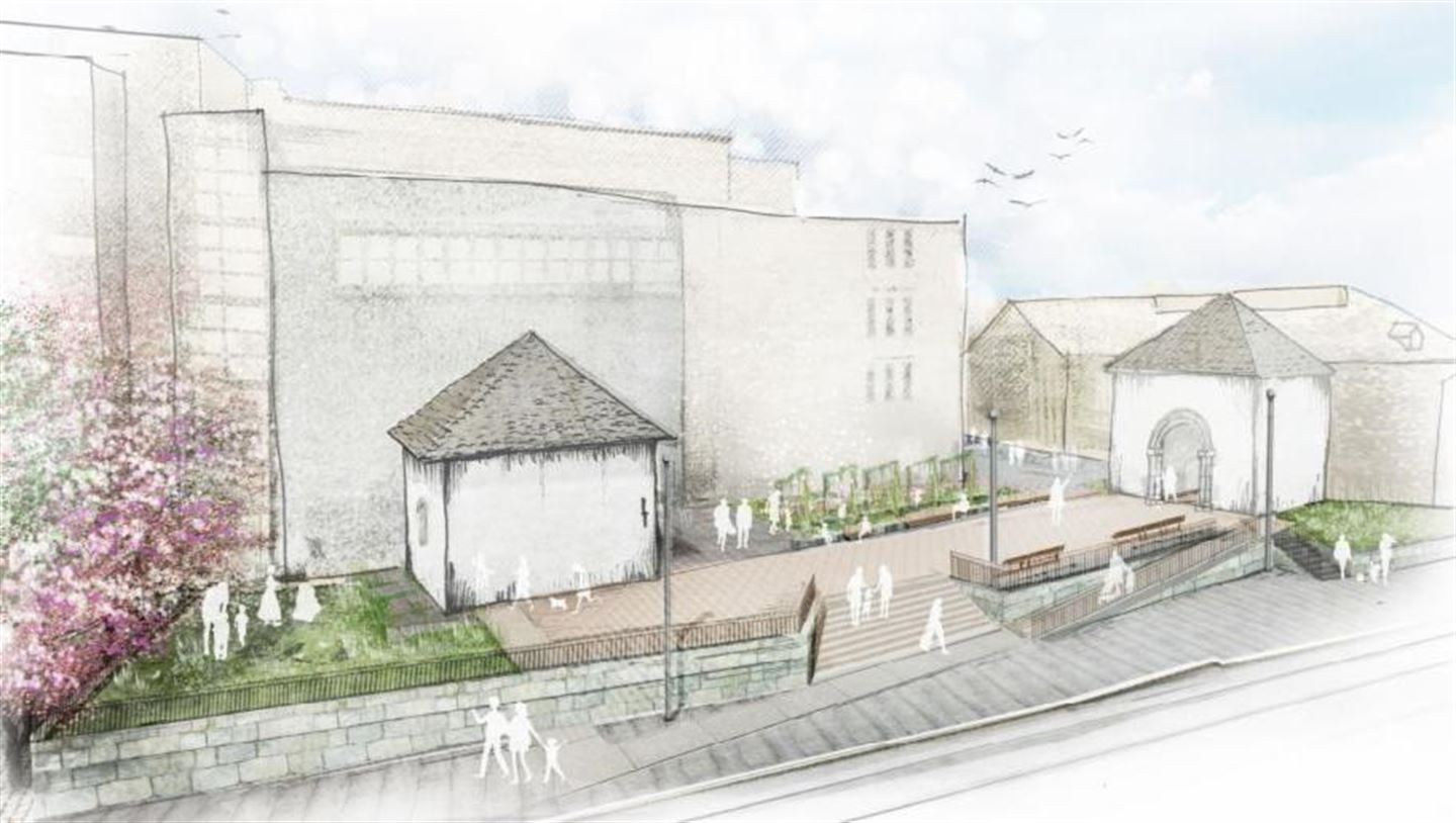 Skisse av korleis eit område blir sjåande ut etter at eit stort bygg er rive ned. Det viser to gamle bygg på frå 1100-talet med ein open plass mellom bygga der folk kan gå og sykle. Det kjem også grøne planter. Illustrasjon: Norconsult