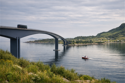 Grafisk illustrasjon med bilde av bru over blå sjø med holmar i kvar ende. 