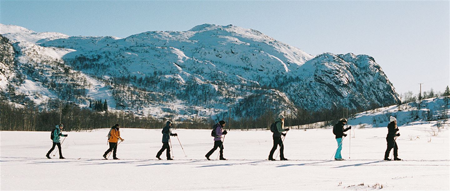 Sju personar på skitur.