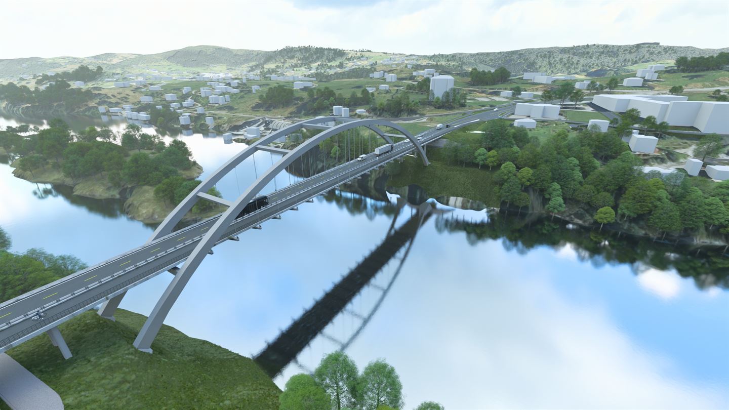 Ei grå bogebru over eit sund. 