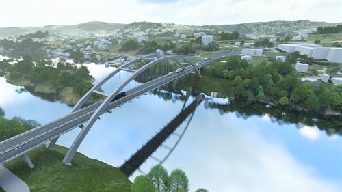 Ei grå bogebru over eit sund. 