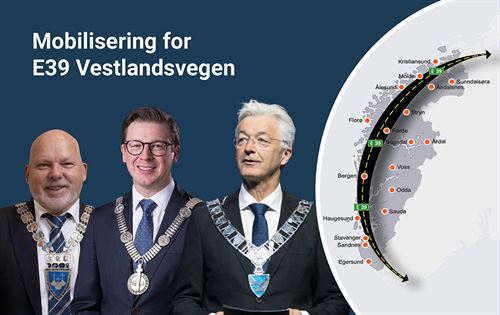 Illustrasjon med fylkesordførarane i Vestland, Møre og Romsdal og Rogaland til venster og ein illustrasjon som syner samanhengande E39 gjennom kart over Vestlandet.