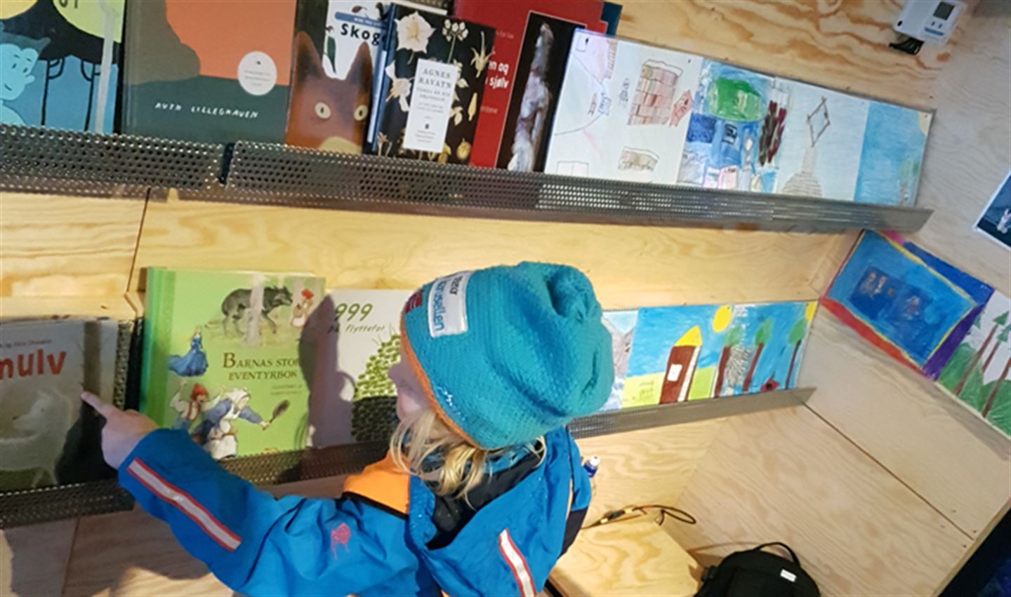 foto av unge som ser på det nynorske turbiblioteket i ei dagsturhytte