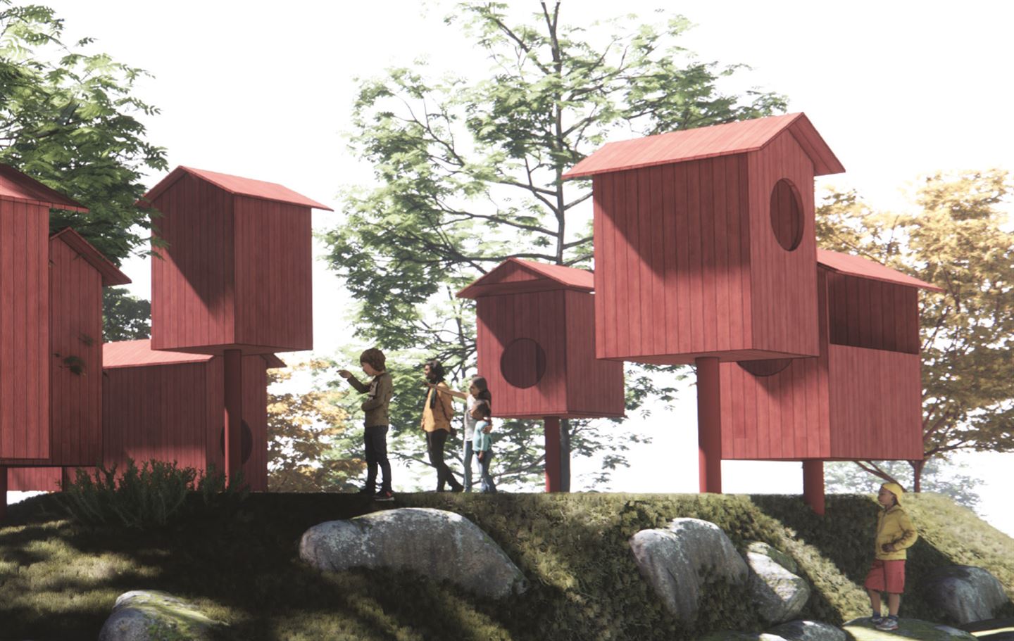 illustrasjon av hytter på stolpar på eit skuleområde