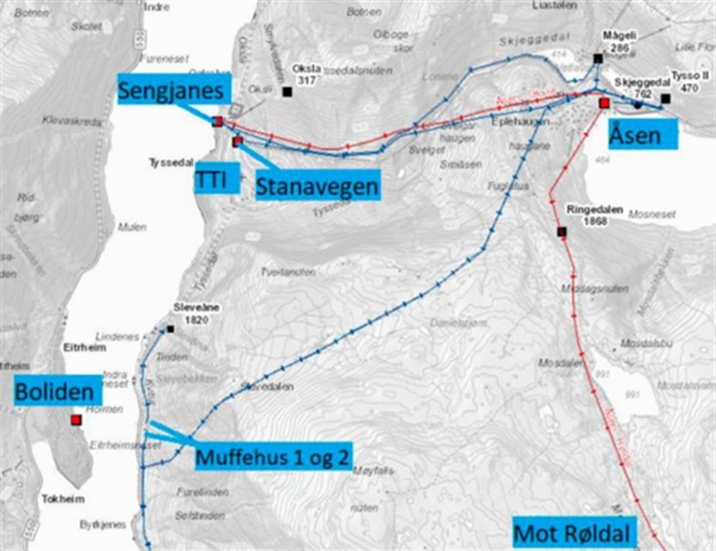 Kart som syner omtrentleg plassering av muffehus 1 og 2. Mellom dei ligg ein fjelltunnel i det rasfarlege terrenget. 