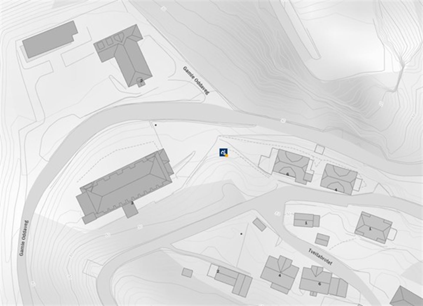Kart som syner plassering av kraftmast 3 og 4 i Tyssedal.