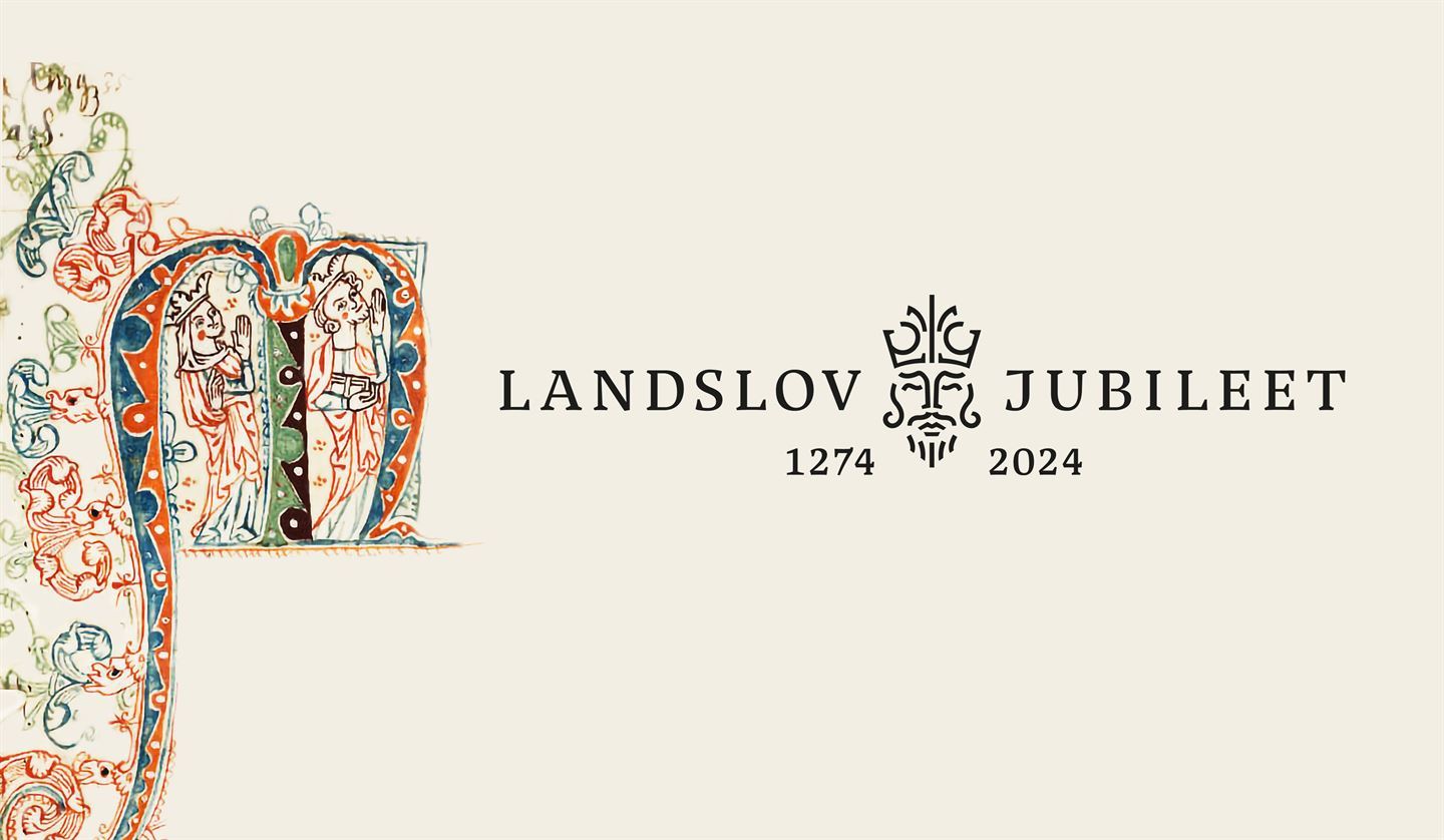 Illustrasjon frå Magnus Lagabøtes landslov. Tekst ved sidan er landslovjubileet 1274-2024