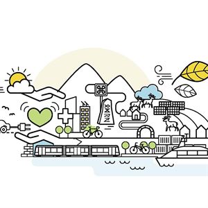 Illustrasjon/strekteiking av bilar, bane, syklar, kulturminne m.m.