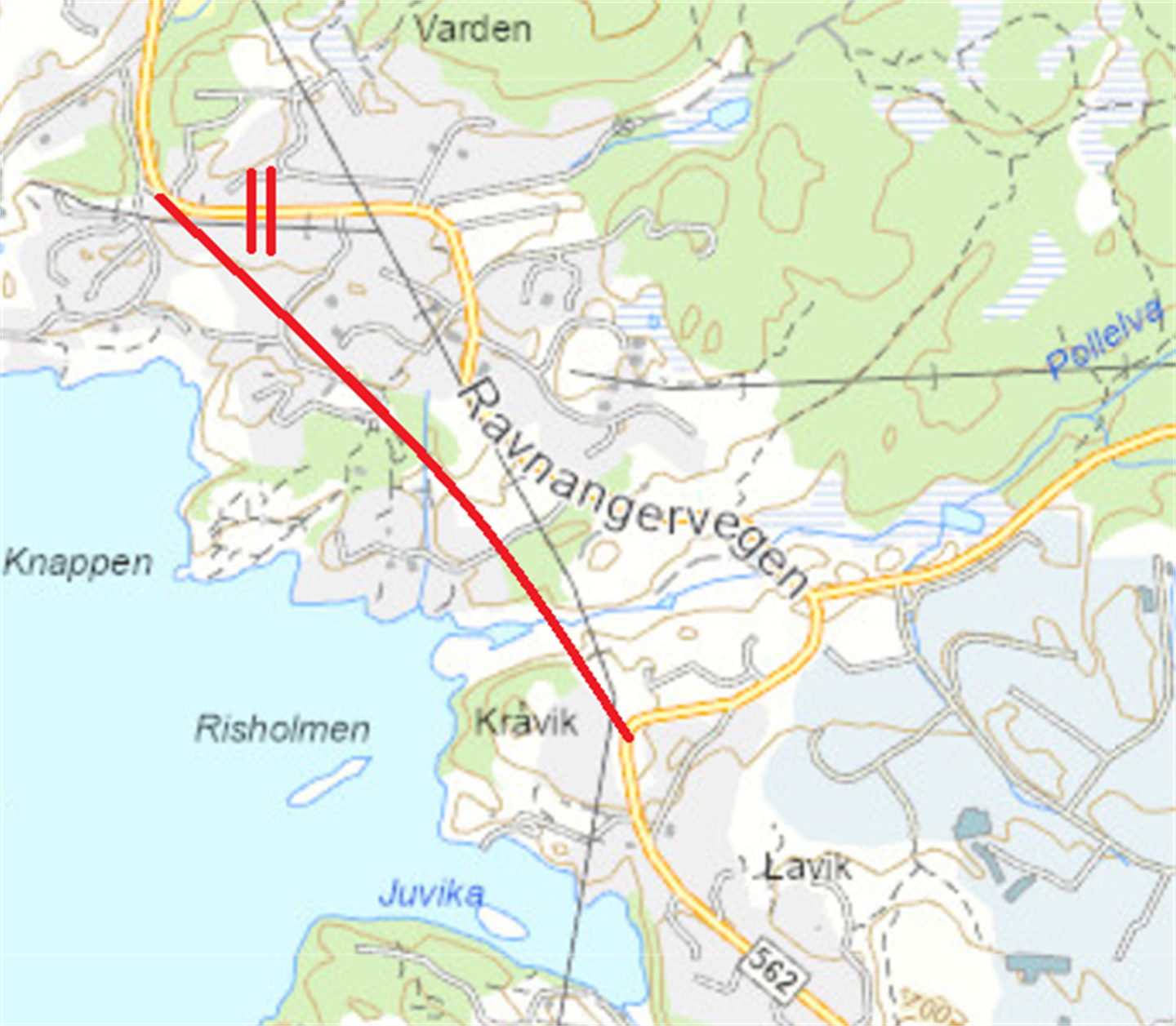 Kart med raud strek som viser stengt veg og kor ein kan køyre på ny fylkesveg.