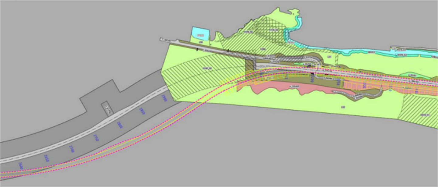 Figur som viser førebels løysing. Stipla linje syner tidlegare plan for vegline.