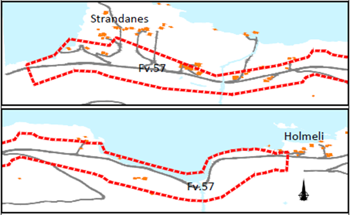 Kartutsnitt - Varslingsområde for endring av reguleringsplan - FV57 Strandanes - Holmeli