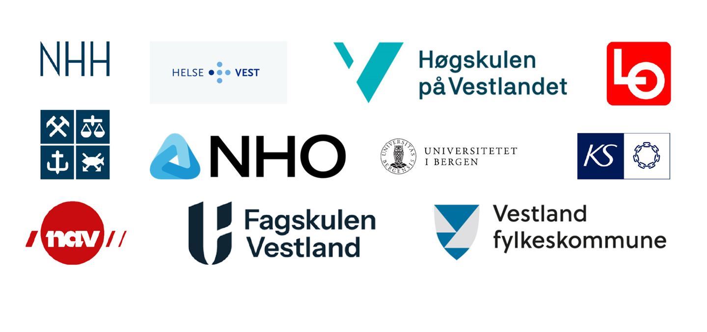 Logoane til NHH, Helse Vest, Høgskulen på Vestlandet, LO, NHO, Universitetet i Bergen, KS, Nav, Fagskulen Vestland og Vestland fylkeskommune