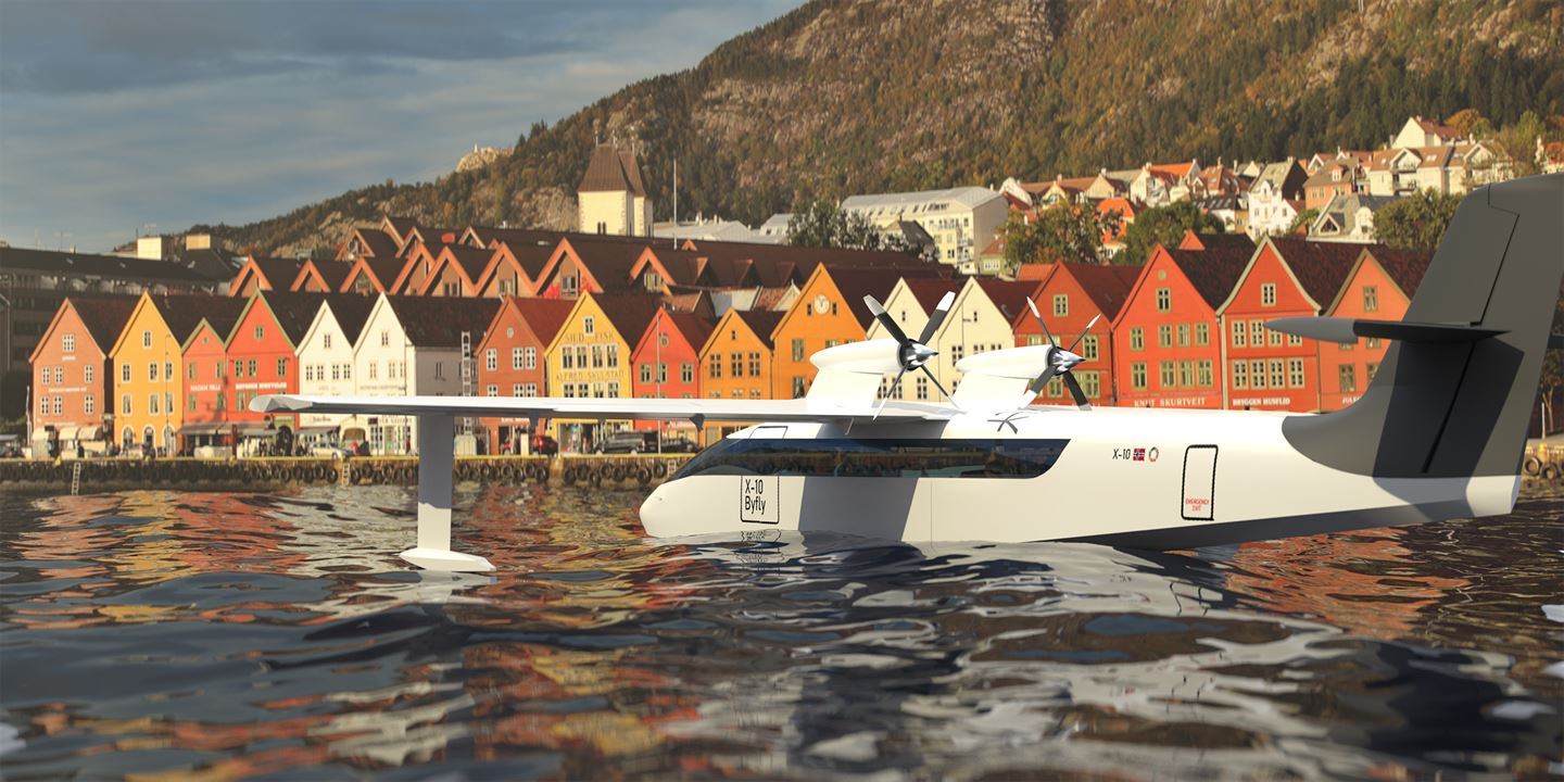 illustrasjon av elvly på sjøen framfor Bryggen i Bergen