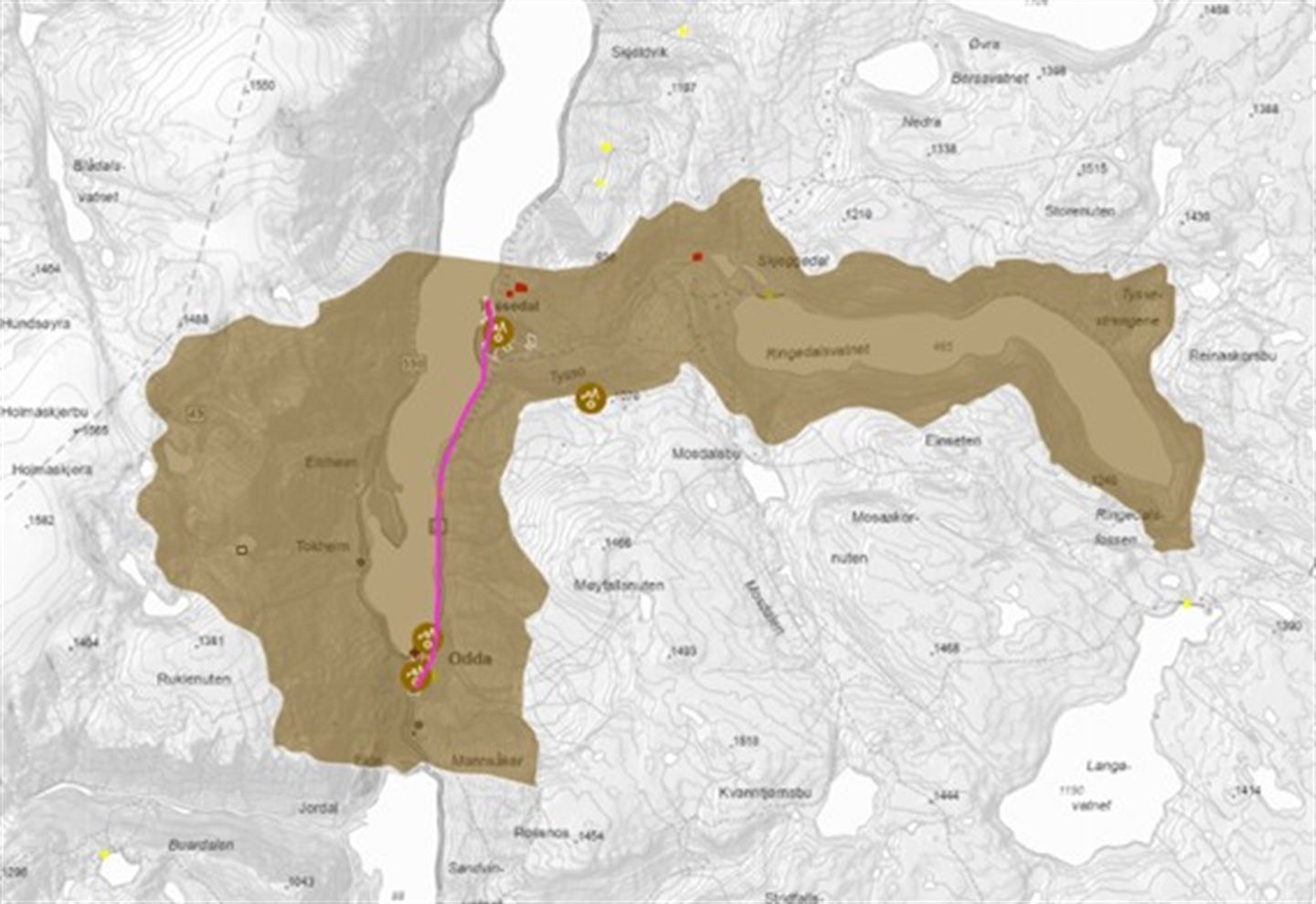 Kart som syner KULA-landskapet Indre Sørfjorden, Odda Smelteverk, Tyssedal kraftstasjon og kraftlinja mellom dei markert lilla.