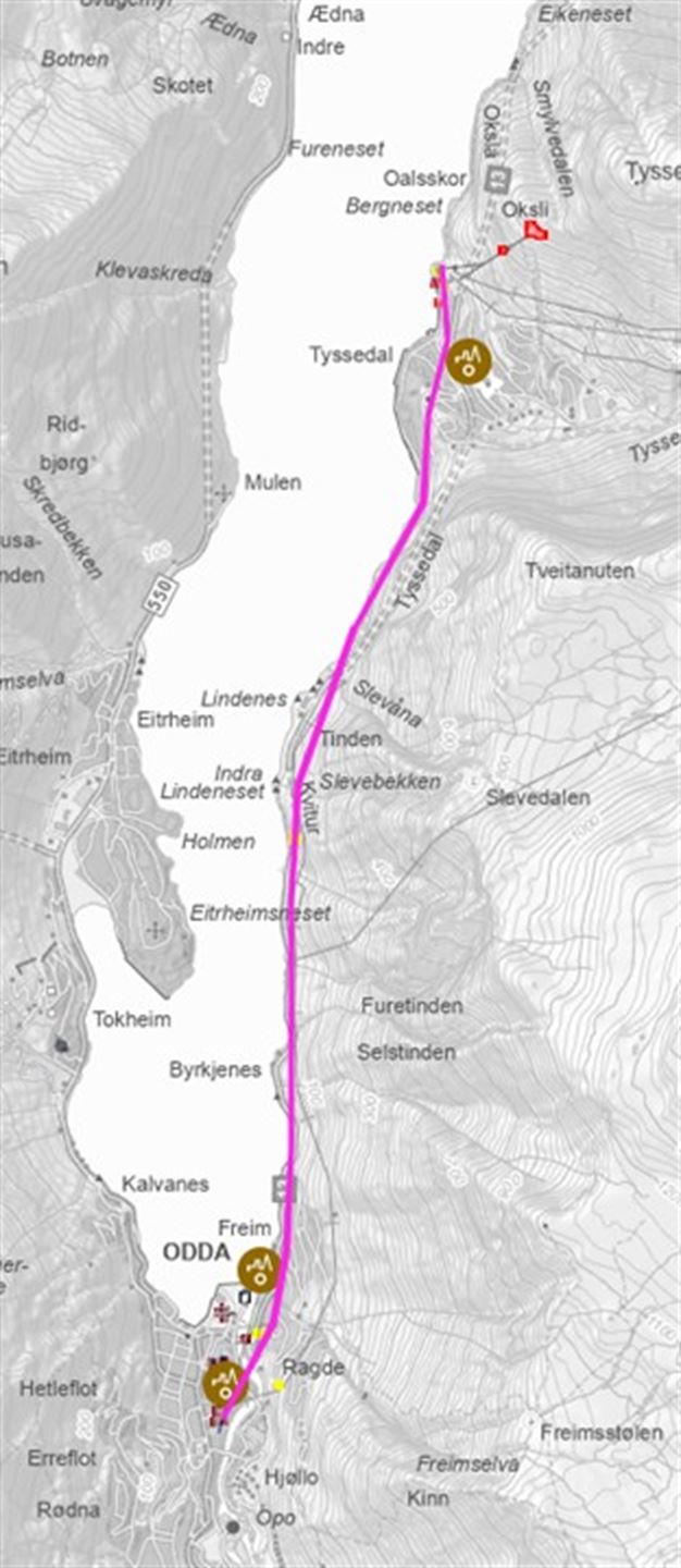 Kart med lilla linje som syner strekning for fredingssak som gjeld kraftlinja Tyssedal–Odda.