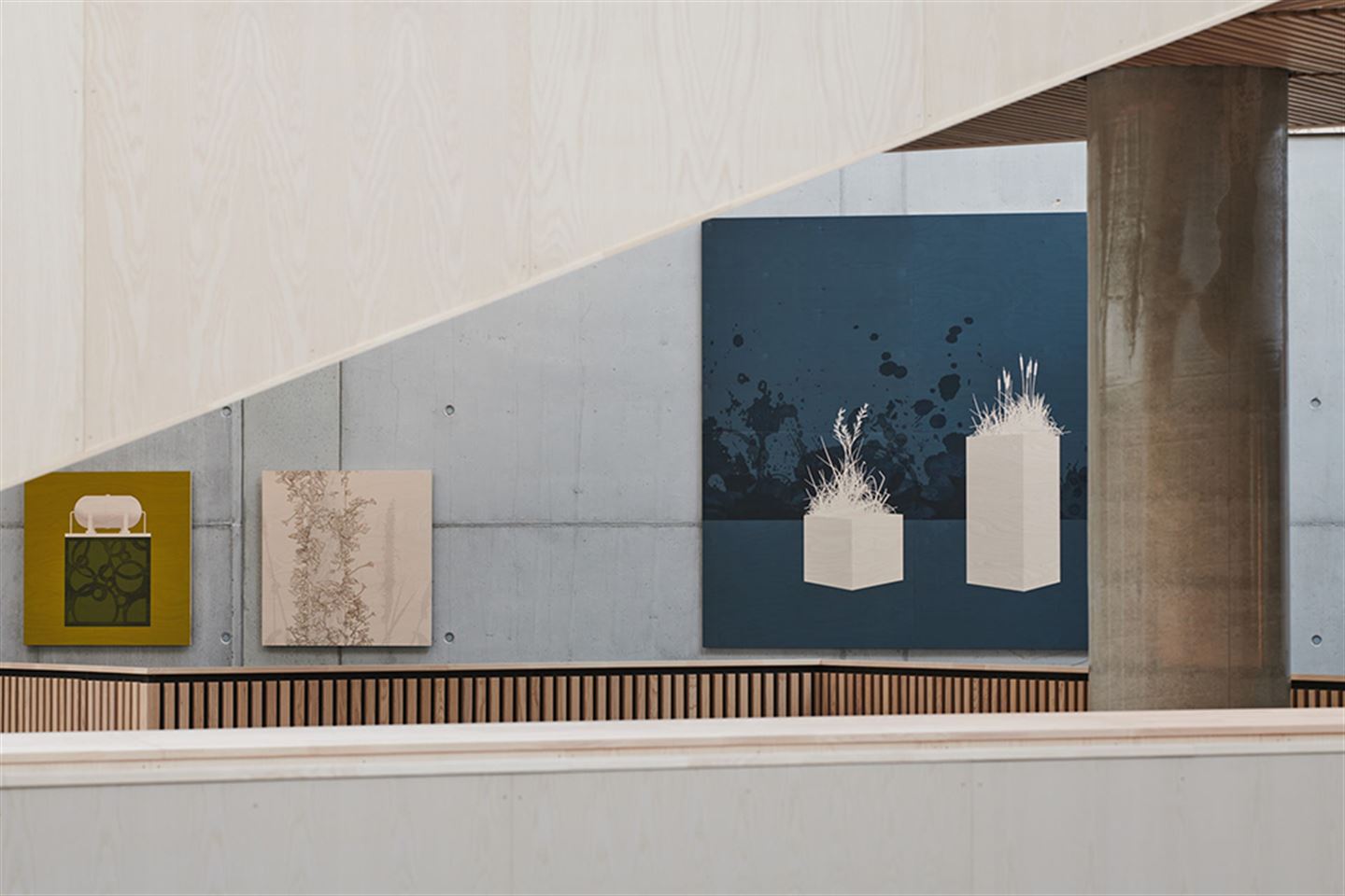 Kunstverket Rekonstruksjoner med digitaltrykk og svipenntekningar. Det er ein serie bilde på Åsane vidaregåande skule.