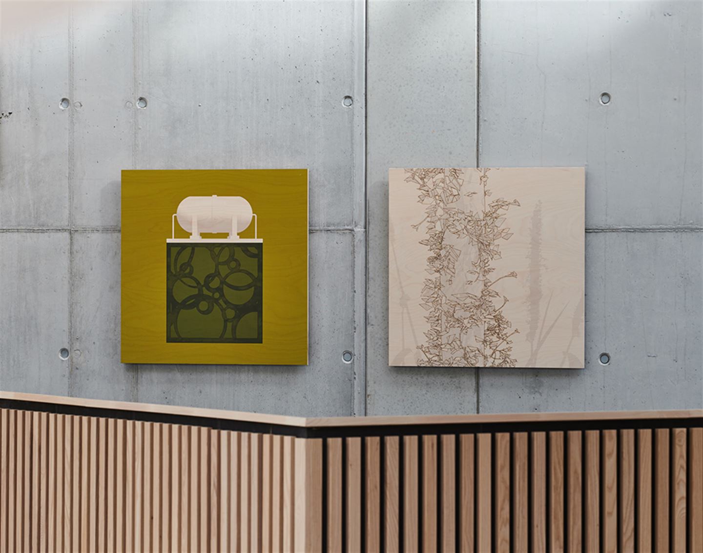 Kunstverket Rekonstruksjoner med digitaltrykk og svipenntekningar. Det er ein serie bilde på Åsane vidaregåande skule.