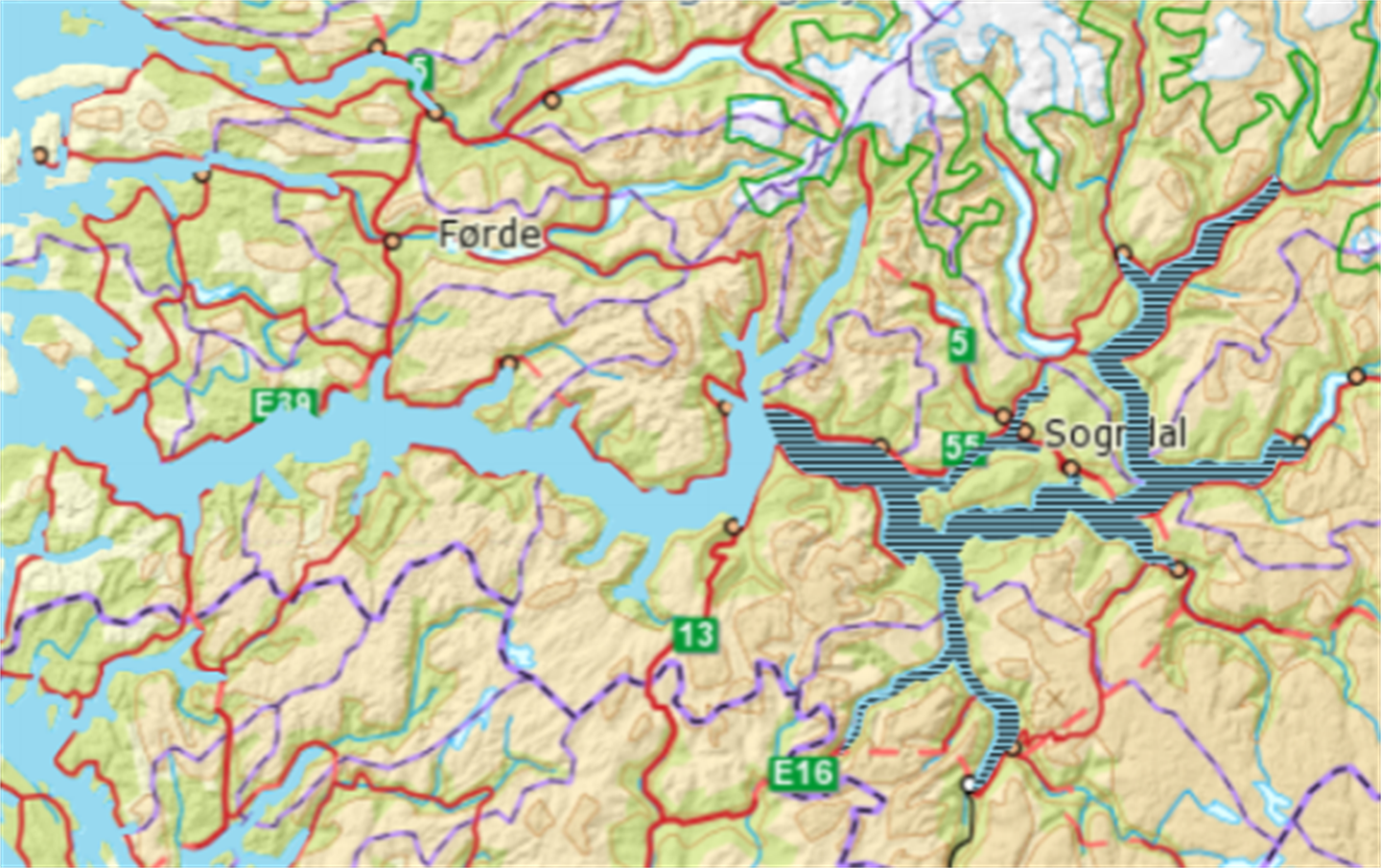 Kartutsnitt som viser kor man ikkje kan skyte sel i Sognefjorden.