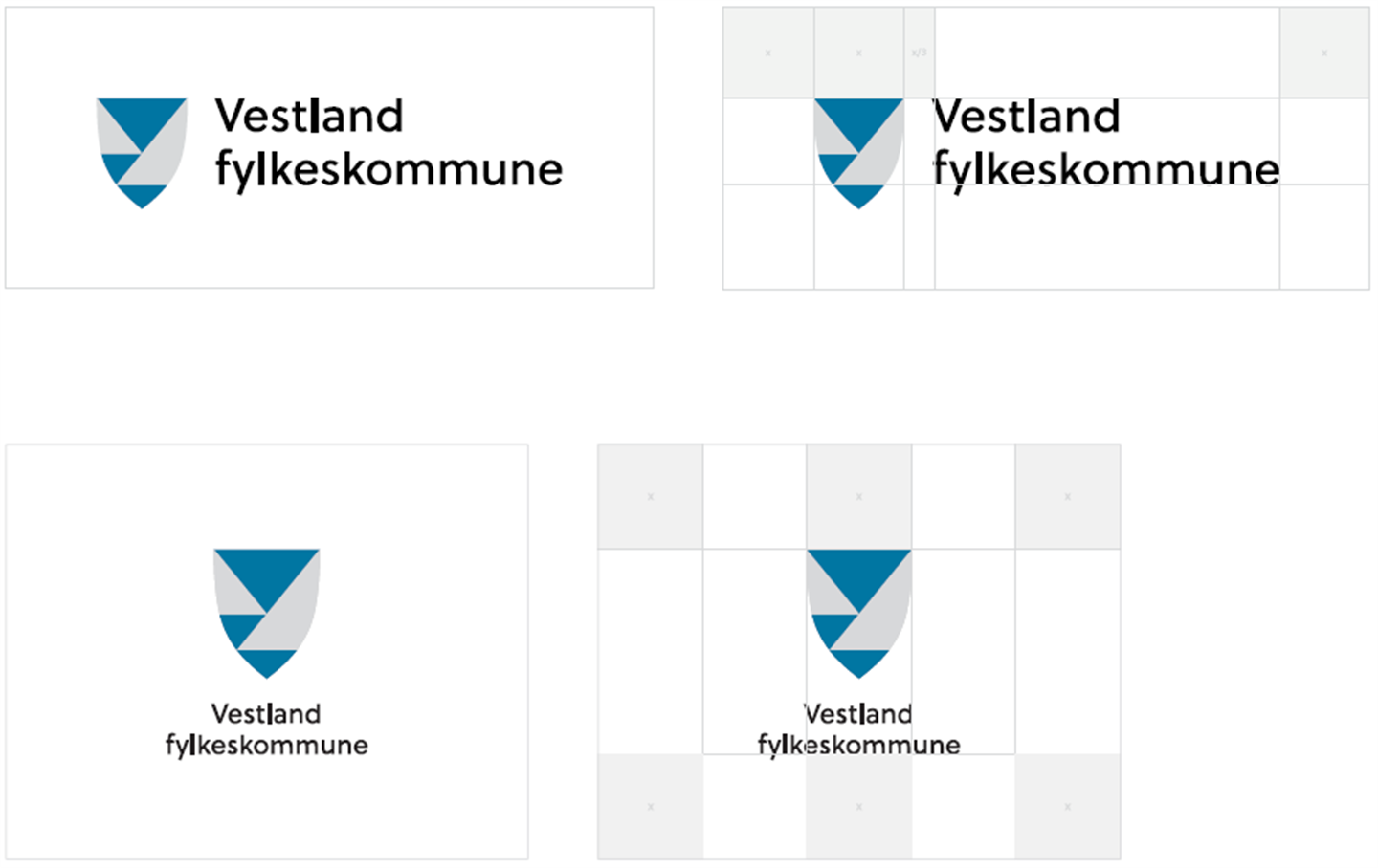 Logo for Vestland fylkeskommune i fire varianter. Felt som viser minimumsavstand mellom dei.
