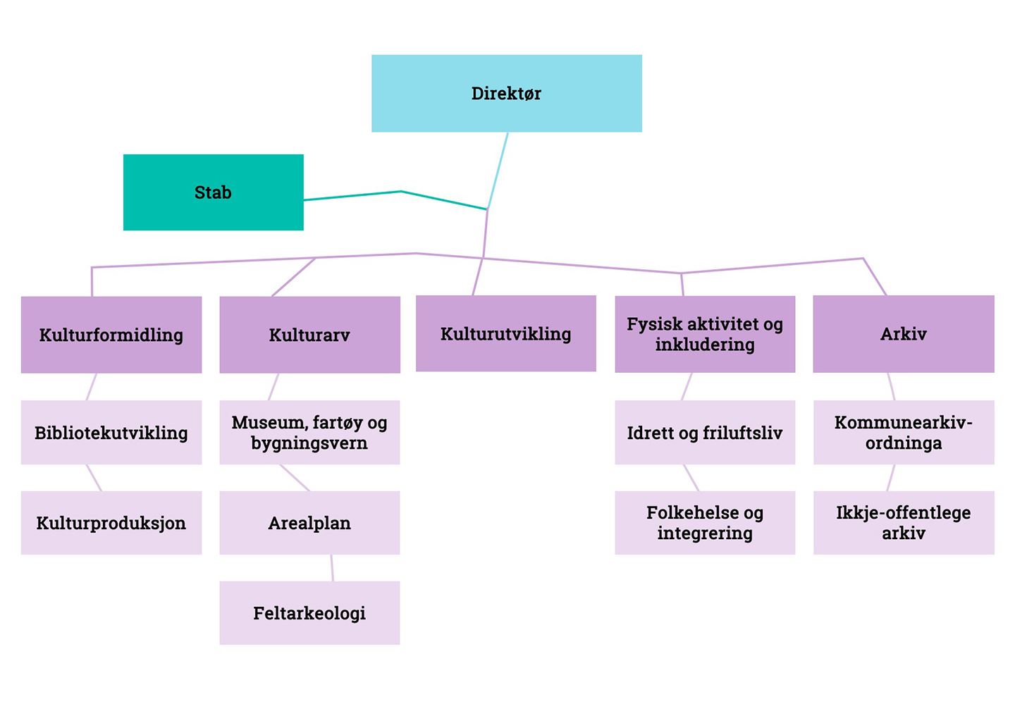 Organisasjonskart over avdelinga kultur og folkehelse.