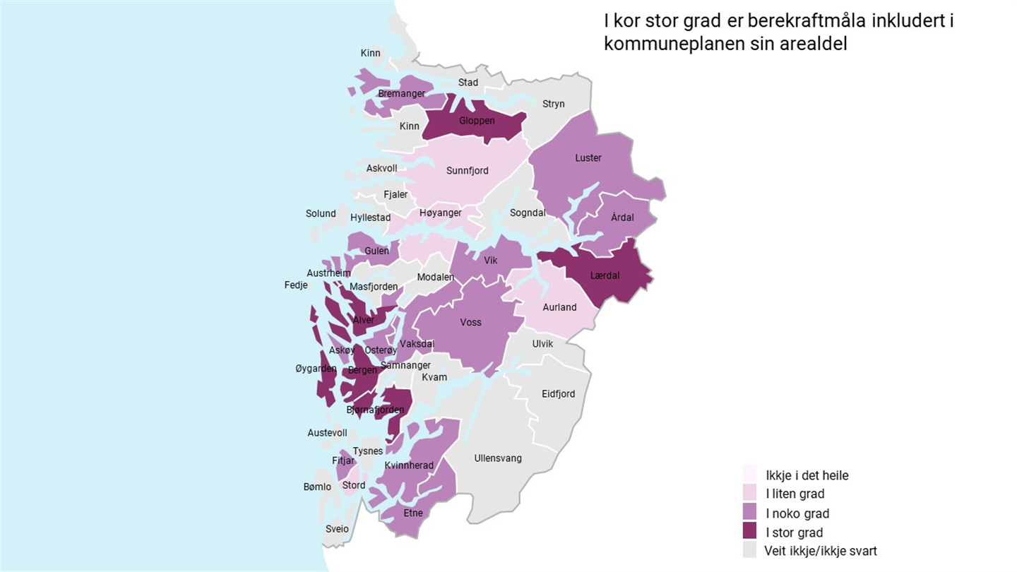 Kart av Vestland med kommunane fargelagt i lilla farge i ulike nyanser basert i kor stor grad berekraftsmåla er inkludert i kommuneplanens arealdel.